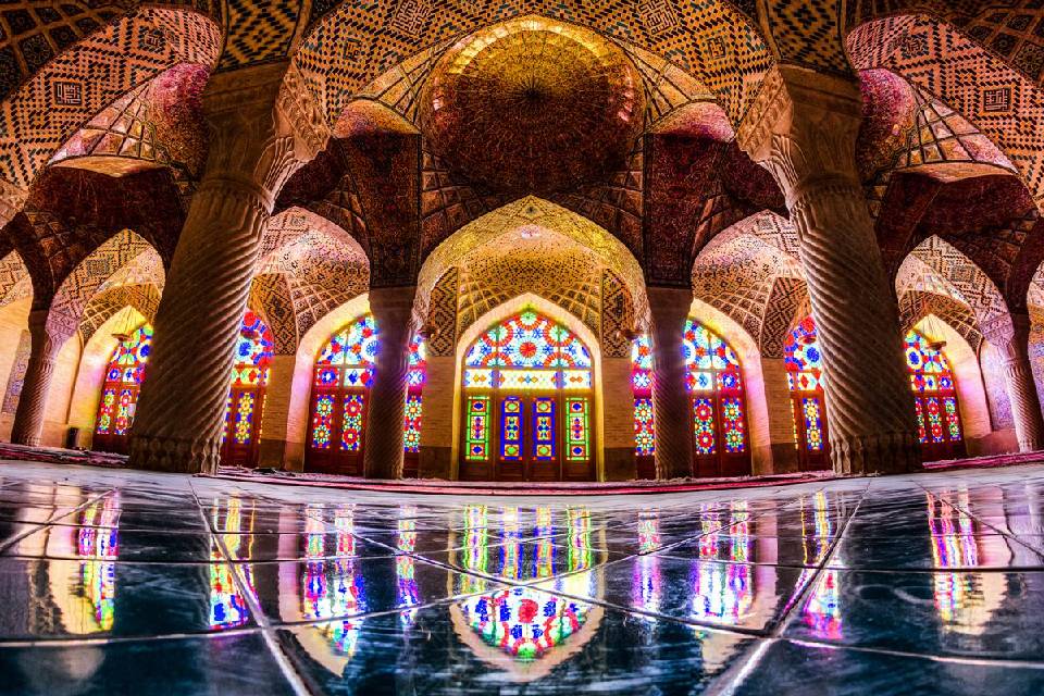 Mosque built in Persian Architecture, with beautiful painting on the glass doors and windows, the architechtural designs giving a royal look.